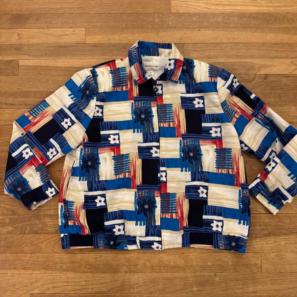 Draper's & Damon's red blue patchwork zip front jacket size LP
 b64